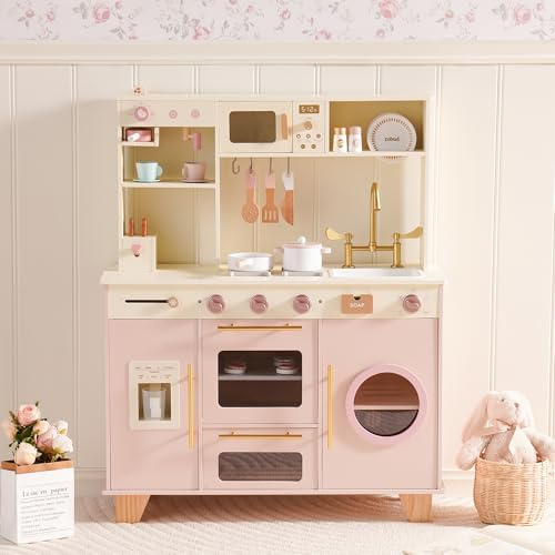ROBUD Cuisine de jeu en bois pour enfants avec machine à pain, four avec gâteaux, vaisselle, machine à glaçons intégrée, ensemble de cuisine pour garçons et filles à partir de 3 ans, rose