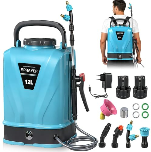 wowspeed Akku Drucksprüher 12L Elektrischer Gartenspritze Drucksprüher mit 6 Nebeldüsen, Ladegerät und Teleskopstab, Einstellbar Pflanzensprüher, Rückenspritze für Pflanzenschutz, Garten & Auto