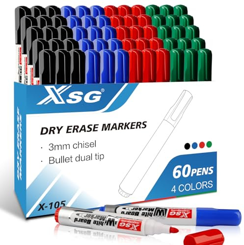 ABEIER Whiteboard Marker, 60 Marker Pens, Dry Wipe Clean, Bullet Tip 3 mm, 4 Colours Whiteboard Pens Bullet Tip Set Perfect for Home Office Pack of 60