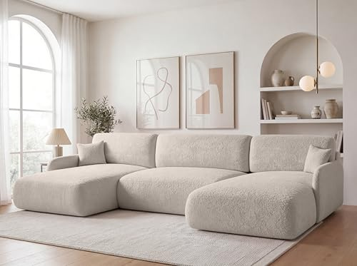 KP-Meble U-Form Wohnlandschaft mit Schlaffunktion 360x175 cm Bouclé Beige – Großes Schlafsofa mit Bettkasten, Moderne Couch mit Stauraum Pierr