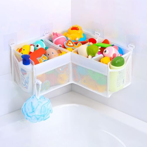 Bath Toy Storage, 3-Compartment Corner Bath Toy Holder for Tub, Wide-Opening Mesh Bathroom Toy Storage, Quick-Drying Machine-Washable Bath Toy Net for Tidy Bathtub