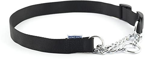 Ancol Heritage Nylon and Chain Check Dog Collar - Black Durable Training Accessory for Puppies and Dogs - 45-60cm Size 4-7