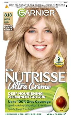 Garnier Nutrisse Permanent Hair Dye, Natural-looking, hair colour result, For All Hair Types, 8.13 Medium Beige Blonde
