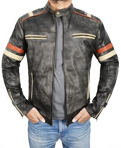 Men's Vintage Motorcycle Cafe Racer Retro Moto Distressed Leather Jacket Grey Size XL