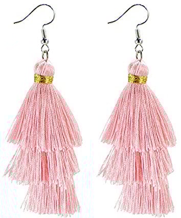 AD Beads Fashion Charm Crystal Silk Tassel 3 Layers Fan Fringe Dangle Earrings (28 Pink)