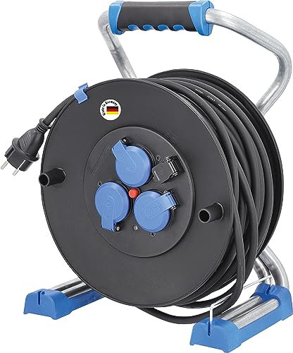 as - Schwabe Xperts Doppelrohr Profi-Kabeltrommel 33 m H07RN-F 3G2,5, 230V / 16A, 3 Schutzkontaktsteckdosen mit Klappdeckel, USB Port, Spannungsanzeige, IP44, Made in Germany, Schwarz, 22623