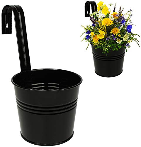 alles-meine.de GmbH 2 Stück Hänge - Blumentöpfe/Geländertöpfe/Pflanztöpfe - Metall - Ø 17 cm - schwarz - Hängend/mit Haken & Halterung RUND - Aufhängen - groß - mit Henk..
