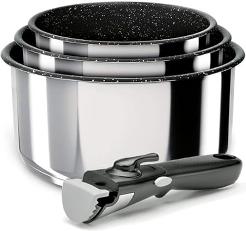 Backen 391504, Set di Casseruole 16,18,20 cm, Acciaio Inox, 4 Pezzi, Induzione, 1 Manico Rimovibile, Lavabile in Lavastoviglie, Rivestimento Antiaderente, Garanzia 5 Anni.