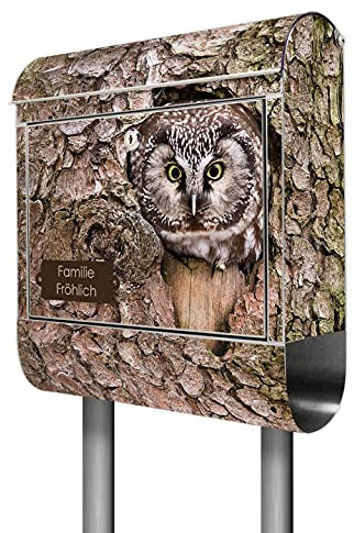 banjado® Briefkasten mit Standfuß personalisiert Motiv Eule - Stand Briefkasten Edelstahl mit Zeitungsfach - Postbox/Postkasten A4 Einwurf inkl. Montagematerial & 2 Schlüssel