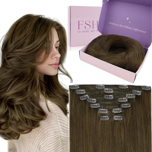 Fshine Clip in Extensions Echthaar Mittelbraun 40cm 120g Haarverlängerung Echthaar Clip in Extensions Braun 7 Stücke Echte Haare Farbe 4