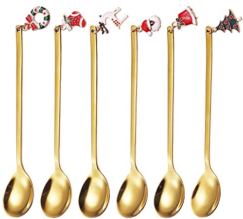 Weihnachtslöffel Set,ESRISE Geschirr Weihnachten Weihnachtsgeschirr Set Bunte Edelstahl Kaffee Weihnachten Löffel, Kleine Zuhause Löffel, Dessertlöffel (Gold)