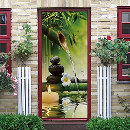 LuSeven stickers paroi de douche Vert bambou bougies pierres 77x200cm(30.31 inches * 78.74 inches) Auto Adhésif Amovible Imperméable Mural De Salle De Bains En Pvc Art Autocollants Pour Le Salon La Ch