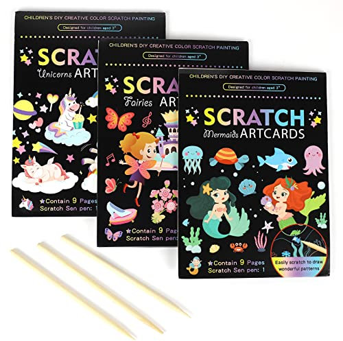 Xijuer 3 Satz Scratch Paper Scratch Art Notebook, Einhorn Kratzbilder Notizbuch Set mit Holzstiften, Kratzbilder für Kinder Deko DIY Handwerk (Einhorn/Meerjungfrau/Prinzessin)