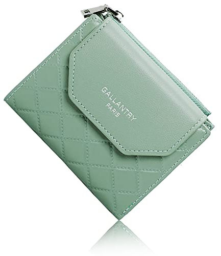 Gallantry - Portefeuille Femme Petit Format Matelassé Souple - Porte-Monnaie Carte Tout-en-Un Bi-pli - Similicuir Carreaux Fermeture Éclaire Magnétique - Chic Léger - Vert d'eau