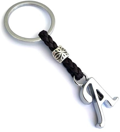 ASTER ALHELÍ - Porte-clés Homme ou Femme en Cuir Avec Initiales - Lettres et Perles en zamak Argenté - Porte Cles Personnalisée- Idéal pour Offrir en Cadeau (A)