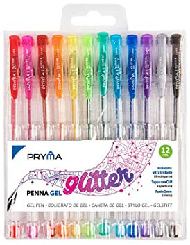 Pryma 12 Penne Gel Glitter Punta 1mm - Confezione da 12 colori vivaci: rosso, fucsia, arancione scuro, arancione, giallo, verde, verde acqua, azzurro, blu, viola, grigio, nero