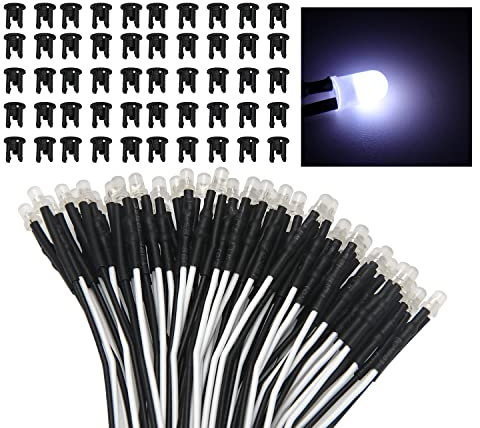 Lyeteung 50 Stücke 3mm 12V Vorverdrahtete LED Dioden Licht, Weiß, 3mm LED Diffuse Emittierende Leuchtdiode mit 20cm Kabel + 50 Stücke 3mm Plastik LED Dioden Halter