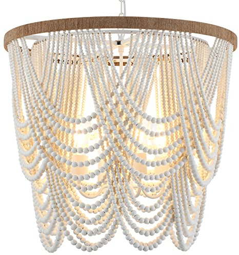 ELYCCUPA 66 cm Boho-Holzperlen-Kronleuchter, rustikale Bauernhaus-Pendelleuchte, 4-flammig, großer Küsten-Kronleuchter für Wohnzimmer, Esszimmer, Foyer, Eingangsbereich, Schlafzimmer, Eichenweiß, E26,