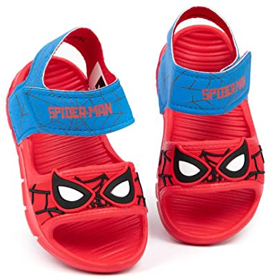 Marvel Spider-Man Kids Sandals | Red & Blue Sliders for Toddler Boys | Superhero Summer Pool Shoes with Supportive Strap | Slip-on Beach Footwear Fun Merchandise Gift for Children