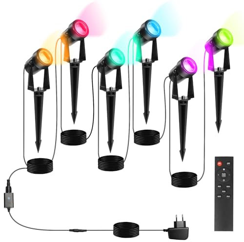 Herrselsam LED Gartenbeleuchtung, 6er Set RGB Farbwechsel Gartenleuchte mit Erdspieß, Scheinwerfer Gartenlampe Wegbeleuchtung, IP65 Wasserdicht mit Stecker, für Weg Hof Rasen