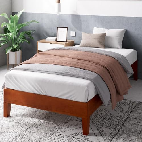 Zinus Wen Single Bed frame - Bed 90x190 cm - 30 cm Height - Deluxe Wood Platform Bed frame with Wood slat support - Brown