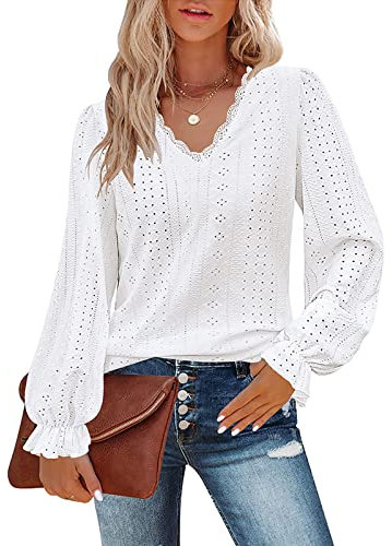 Flikity Ladies Tops, Lace V Neck Blouses for Women UK Long Sleeve Top Women's Blouses Shirts Ladies Going Out Tops Party Top Spring Autumn Winter Tunic Clothes White M
