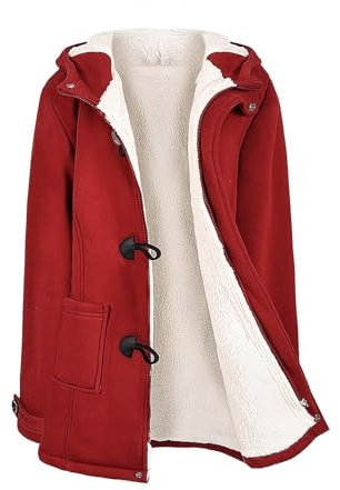 Nadeer Plüsch Jacken Für Damen Mantel Trenchcoat Kapuzenjacke Hornknöpfe Winter Parka Wollmäntel Winterjacke Fleece Hoodie Coat Kapuzen Wintermantel (Burgunderrot,L)