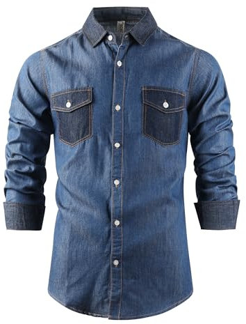 Tianerhay Mens Long Sleeve Denim Shirts Button Down Western Casual Flap Pocket Top 2 Blue L