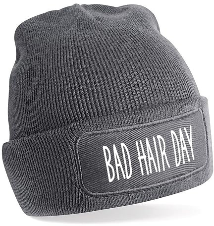 Herzbotschaft Beanie Strickmütze mit Spruch | Bad Hair Day | Farbwahl | Unisex SoftTouch angenehm weiche und warme Wintermütze | OneSize Einheitsgröße für Erwachsene