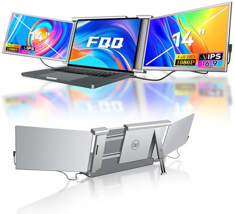 FQQ Laptop Screen Extender, 14 FHD 1080P IPS Triple Screen Laptop Monitor Extender 13.5–16.5 inch, Portable Extended Monitor Compatible with Windows and MacOS, Grey