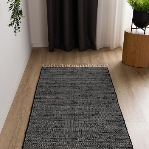Interiyou Toledo Teppich aus Baumwolle - 80x250 cm Schwarz - Handgewebter Teppich mit Fransen für Wohnzimmer, Schlafzimmer, Kinderzimmer, Esszimmer, Küche oder Flur