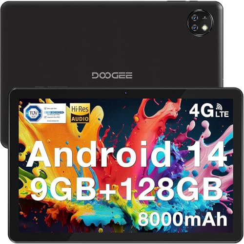 DOOGEE T10W Tablet 10 Pulgadas, Android 14 Tablet con Targeta SIM, 8000mAh Dual 4G LTE + 5G WiFi, Tableta 128GB/ Face ID/OTG/ BT5.0/ Tipo-C/ 3.5mm Jack Negro