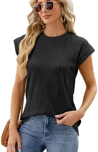 iChunhua Cap Sleeve T Shirts for Women UK Causal Round Neck Short Sleeve Tops for Women UK Smart Black S