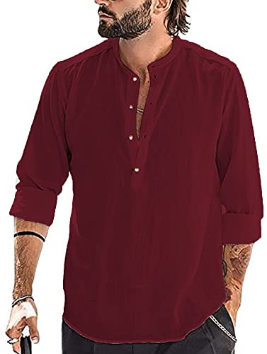 YAOBAOLE Chemise Lin Homme Manches Longues Col Mao Chemise Blanche Été Homme Chemises en Coton Et Lin Vin Rouge M