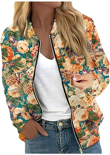 Blouson Jacke Damen Sommer,Blusenjacke,Bomberjacke Damen Blumenmuster Leichte Sommerjacke Sommer Reißverschluss Kurz Pilotenjacke Dünne Langarm Übergangsjacke College Jacke,Orange,M