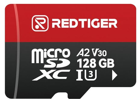 REDTIGER Carte Micro SD haute vitesse 128 Go avec adaptateur, microSDXC UHS-I classe 10, U3, V30 A2, prise en charge de caméra embarquée et enregistrement vidéo 4K, compatible avec F7NP-V07&F9&