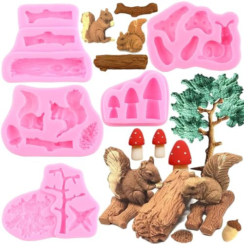 RFGHAC Lot de 5 moules en silicone en forme d'animal de la forêt, écureuil, escargot, champignon, pomme de pin, moule à fondant, souche, tronc, bonbons, moule pour décoration de gâteaux, pâte à sucre,