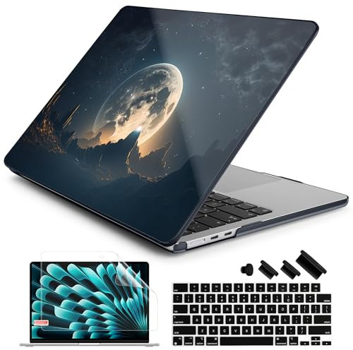 Batianda Premium-Schutzhülle für MacBook Air 15 Zoll 2024 2023 mit M3 M2 Chip Modell A3114/A2941, schwarze Schutzhülle aus Kunststoff, Tastaturabdeckung, Displayschutzfolie, Moon in Sky