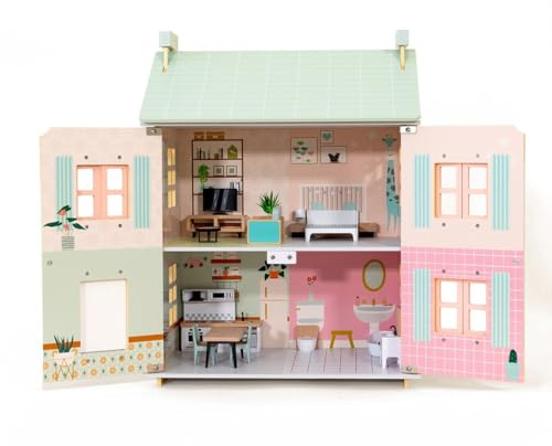 Bubblat Kids Casa de Muñecas de Madera con Diseño Vintage - Incluye 15 Piezas de Mobiliario y Ventanas Abatibles - Fomenta Imaginación y Habilidades Sociales - A partir de 3 Años