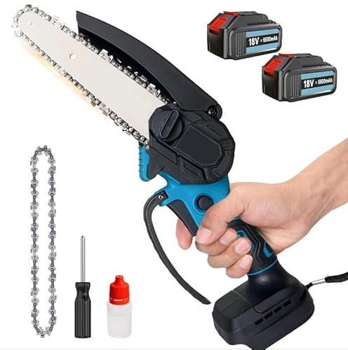 6 Zoll Akku Kettensäge, Ersatz für Makita DUC101Z Akku-Astsäge,Einhand Kettensäge, mit 2 x 5500mAh Akku, Kleine Handkettensäge zum Schneiden von Bäumen, Astscherenschneiden, Haushalt und Garten