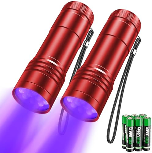 kizplays UV Taschenlampe 2 Stück Mini UV Schwarzlicht Taschenlampe mit 12 LEDs, Ultraviolettes Licht mit 395nm für Geocaching, Heimtierurindetektoren, Haustiere Urin-Detektor usw. (Rot)