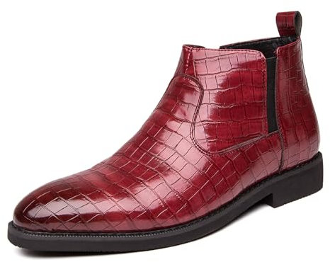 Botas Chelsea para Hombre Cremallera Lateral sin Cordones Elegantes Botines de Vestir Patrón de cocodrilo Cuero PU Botines de tacón bajo,Burgundy,42 EU