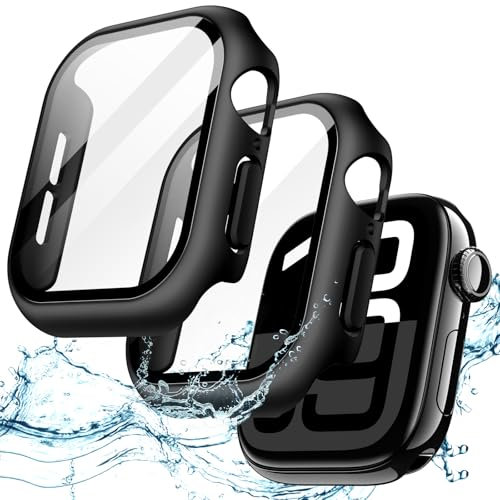 JETech Wasserdichte Hülle mit Schutzfolie für Apple Watch Series 10 46mm, Eingebautes Gehärtetes Glas Displayschutz Hart PC Stoßstange Vollständig Schutzhülle, 2 Stück (Schwarz)