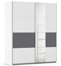 Rauch Möbel Oxford, Schiebetürenschrank, 2-türig, 1 Spiegel, Zubehör Premium, 4 Einlegeböden, 1 Schubkasteneinsatz, Türdämpfer, Farbe Weiß/Grau metallic, Schwarz, Griffleisten Alufarben, 175x210x59cm