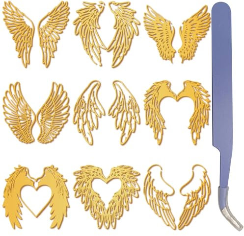 craspire 9 Stück Winkelflügel Aufkleber Aus Goldenem Metall 1,5 x 1,5 Zoll Mit Pinzette Herz Wasserfest Selbstklebend Nickel Dekorationsaufkleber Für Valentinstag Sammelalben DIY Basteln