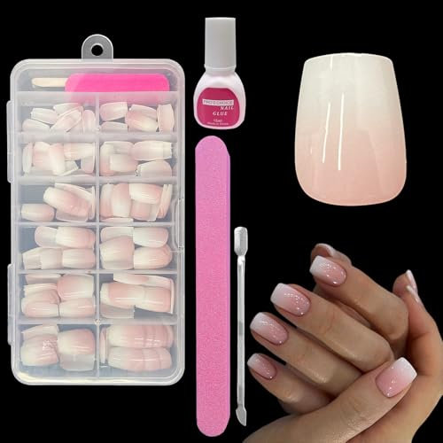 ZAHRVIA Kit De Faux Ongles, Faux Ongles Naturels Roses Dégradés Avec Colle, Faux Ongles Acryliques en Square à Bouts Roses, 120Pcs Glossy Full Cover Nails for Women Girls (Gradient Short Square)