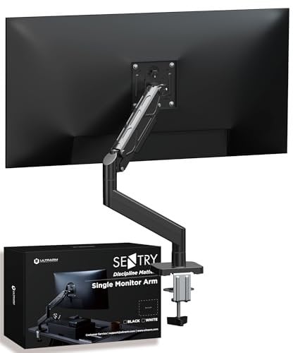 ULTRARM Single Monitor Arm Desk Mount Gas Spring VESA Stand for 13 to 34 Computer screens C-Clamp & Grommet Table Mount Height Adjustable Arm up to 22lbs VESA Fits 75/100mm Sentry Black MA10E-S