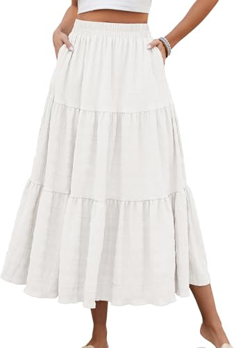 HUSKARY High Waisted Long Skirts for Women Summer Casual Elegant 3 Tiered Skirts Loose Flowy Layered Maxi Skirt,White,Medium