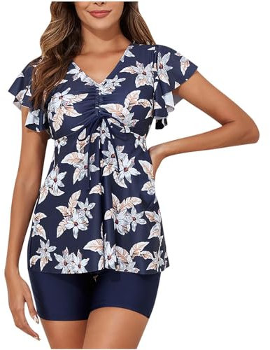 Tankini Sets for Women UK Ruffle Sleeves Swimsuit Two Piece Tankini Swimming Costumes with Shorts Padded Tankini Top with Shorts Swimwear Plus Size Bathing Suit Swim Dress with Shorts Beach Wear