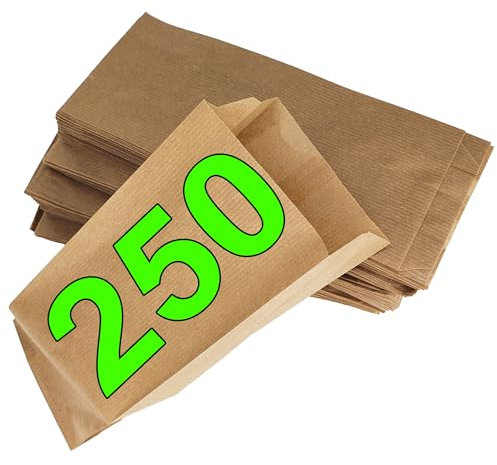 Loxato 250 Bolsas Papel Kraft Marrón - Sobres - Bolsas de Papel para Bocadillos, Bolleria, Pan, Empanadas, Alimentación, Dulces, llevar Desayuno - 12x5x27cm